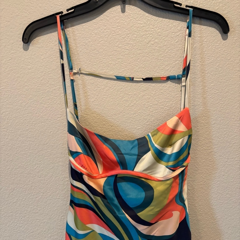 NWT Allison & Kelly Satin Geo Print Spaghetti Strap Back Cut Out Slip Dress, XS - Picture 4 of 13